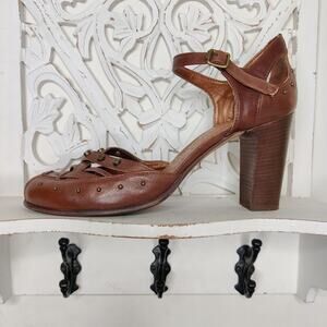 Bronx Tan Leather D'Orsay Woven Heel Sandals, 41